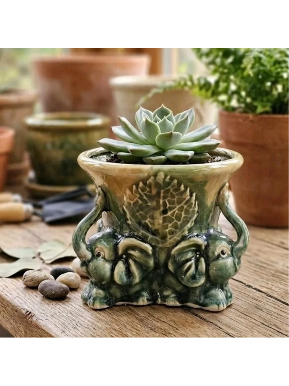 Vintage Japanese Majolica-Style Triple Elephant Planter - Mid-Century Modern